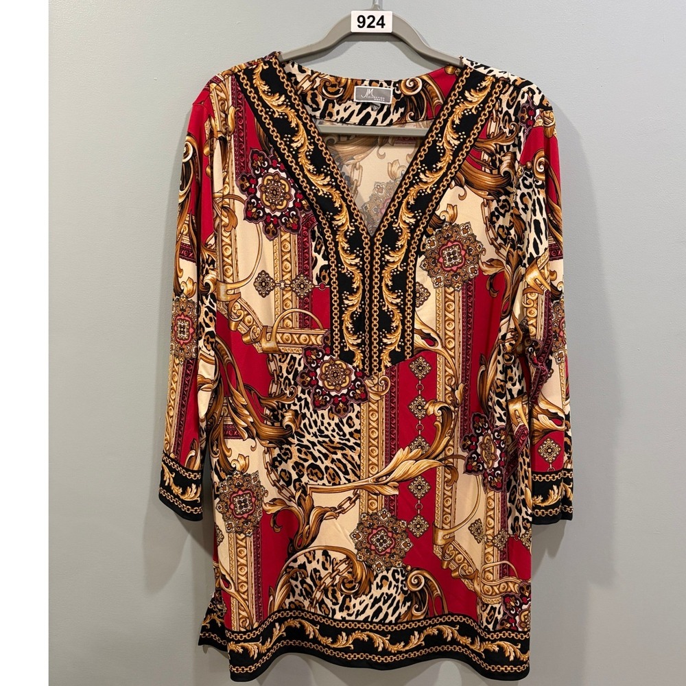 JM Collection Woman 2X Red Baroque Leopard Print Tunic V-Neck 3/4 Sleeve Top